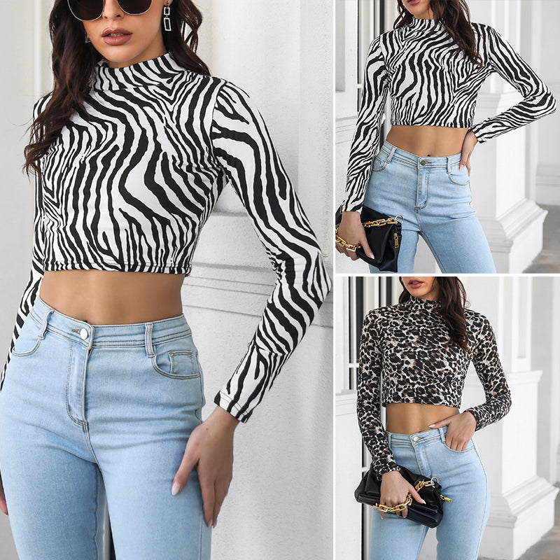 High-neck Leopard-print Cropped T-shirt