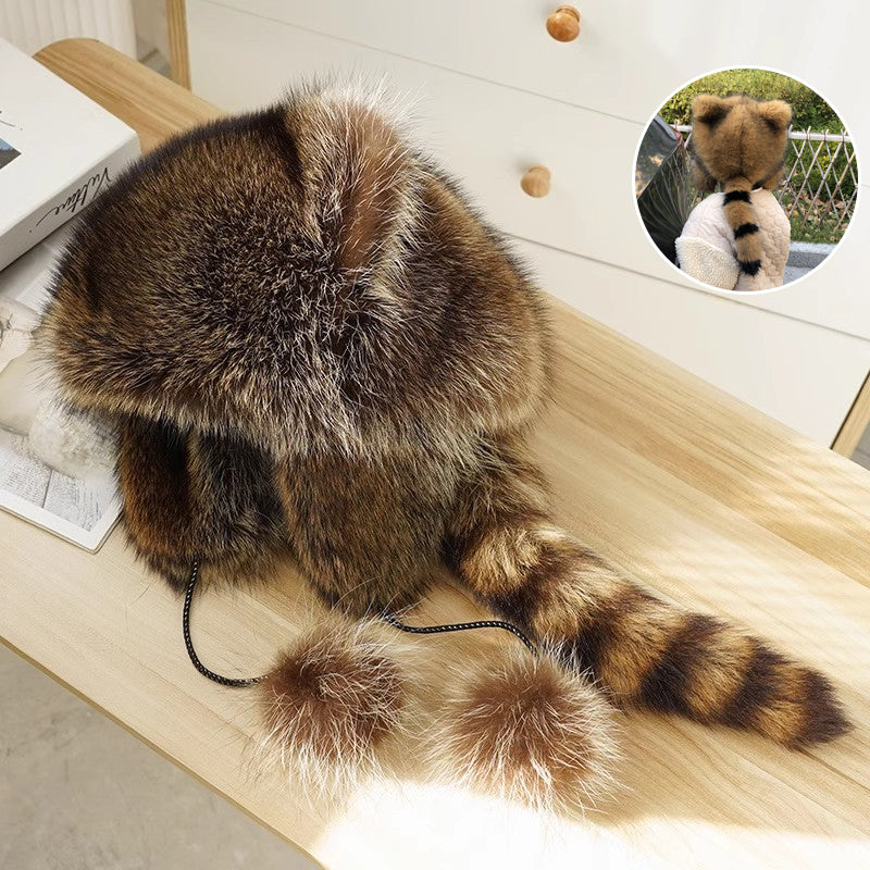 Cute faux fur raccoon tail parent-child plush hat