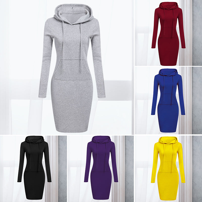 Women Stripes Pocket Knee Length Slim Casual Pullover Hoodie Dress