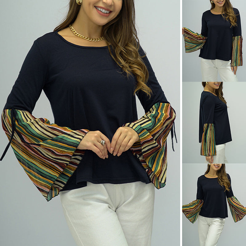 Ladies Patchwork Striped Long Sleeve Top