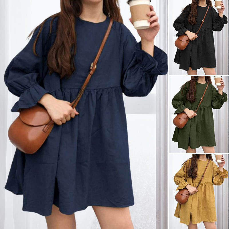 Long Sleeve Pleated Mini Cotton Linen Dress