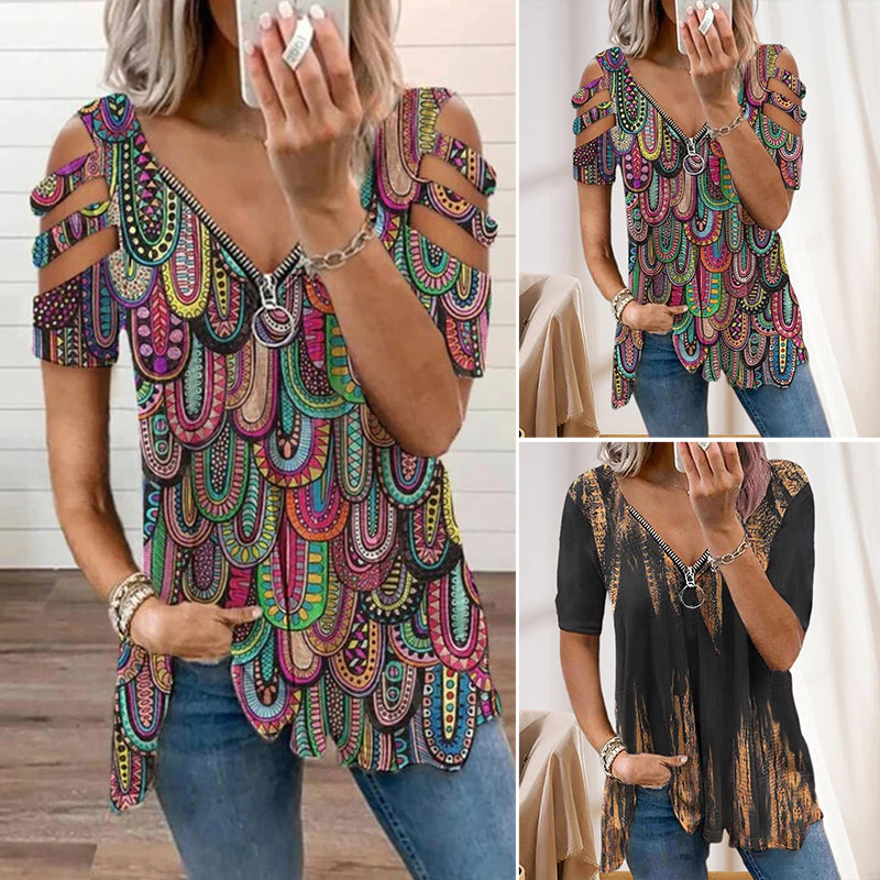 Zip V-neck Print T-shirt