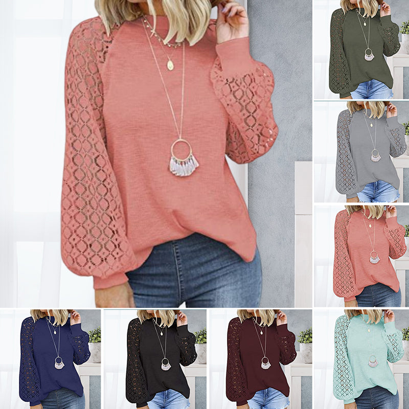 Round Neck Long Sleeve Lace Panel Loose T-Shirt