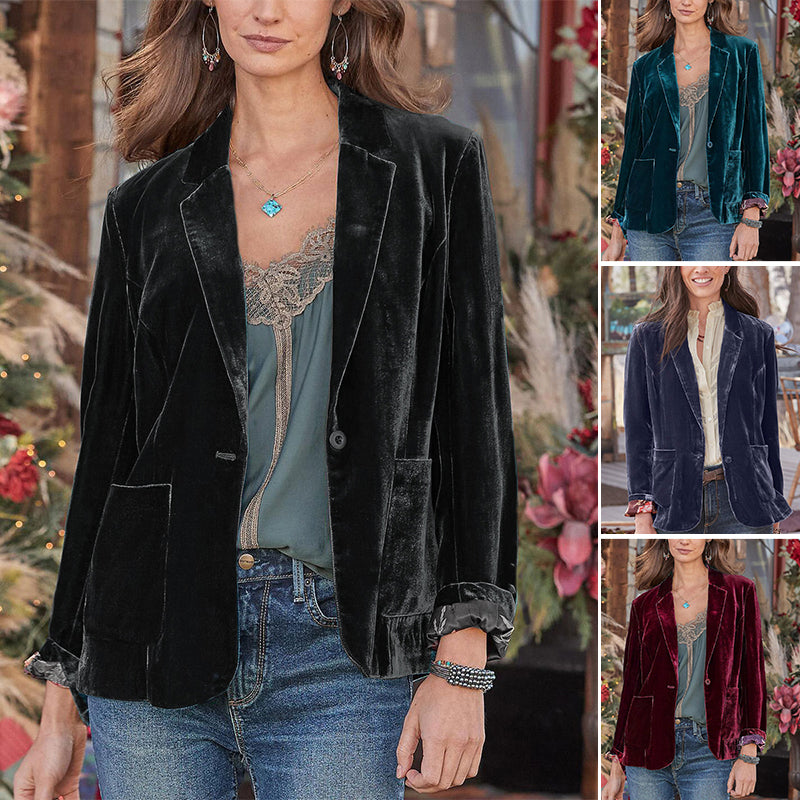 Women's Solid Long Sleeve Velvet Blazer Jacket