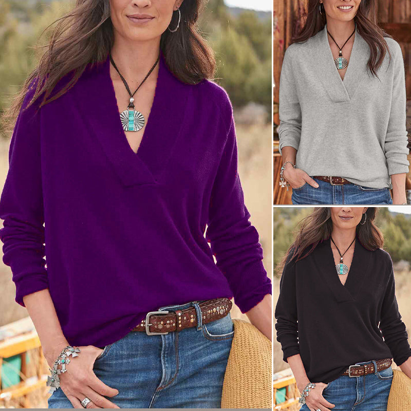 Solid Color Loose Long Sleeve V-Neck Pullover