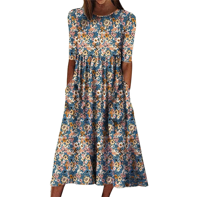 Printed Crew Neck Pocket Dress