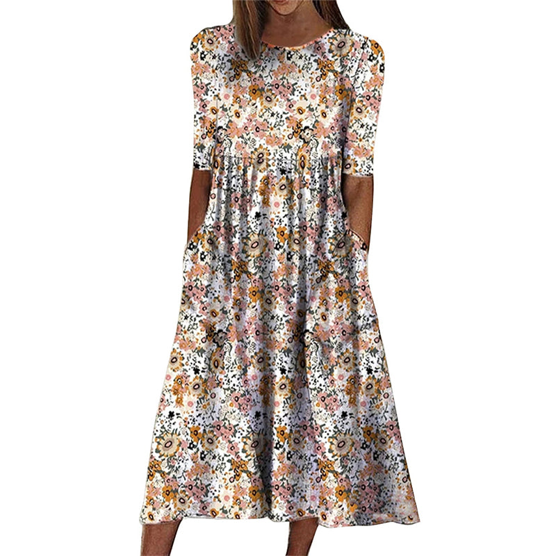 Printed Crew Neck Pocket Dress