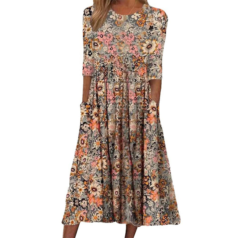 Printed Crew Neck Pocket Dress