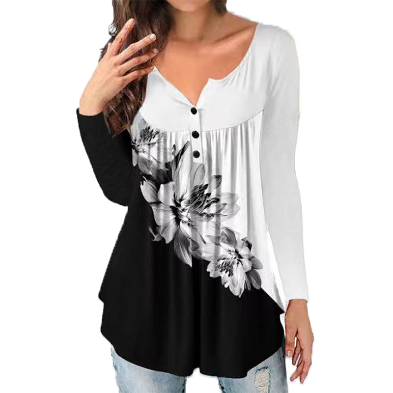 Printed Button Loose Long Sleeve T-Shirt