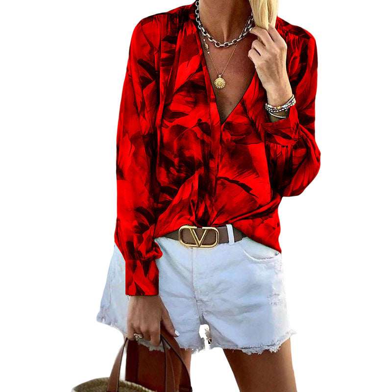 Printed V-Neck Long Sleeve T-Shirt