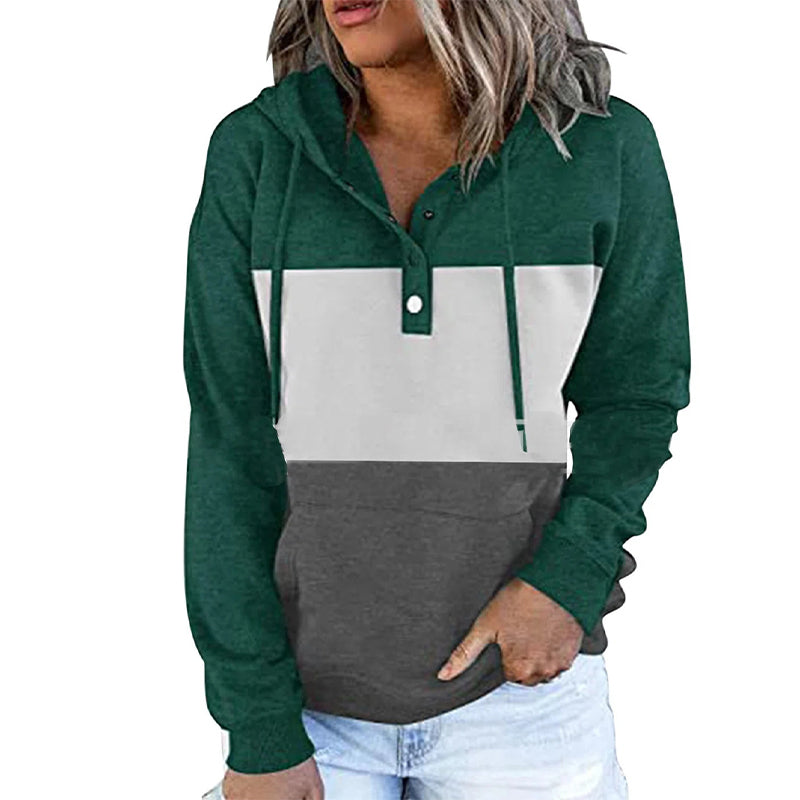 Ladies Colorblock Fleece V-Neck Hooded Drawstring Pullover Sweatshirt