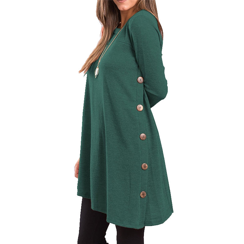 Women's Long Sleeve Scoop Neck Button Side Sweater Tunic Dress