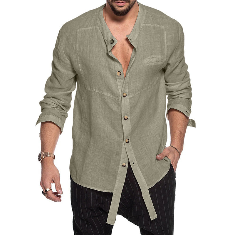Stand Collar Linen Long Sleeve Shirt