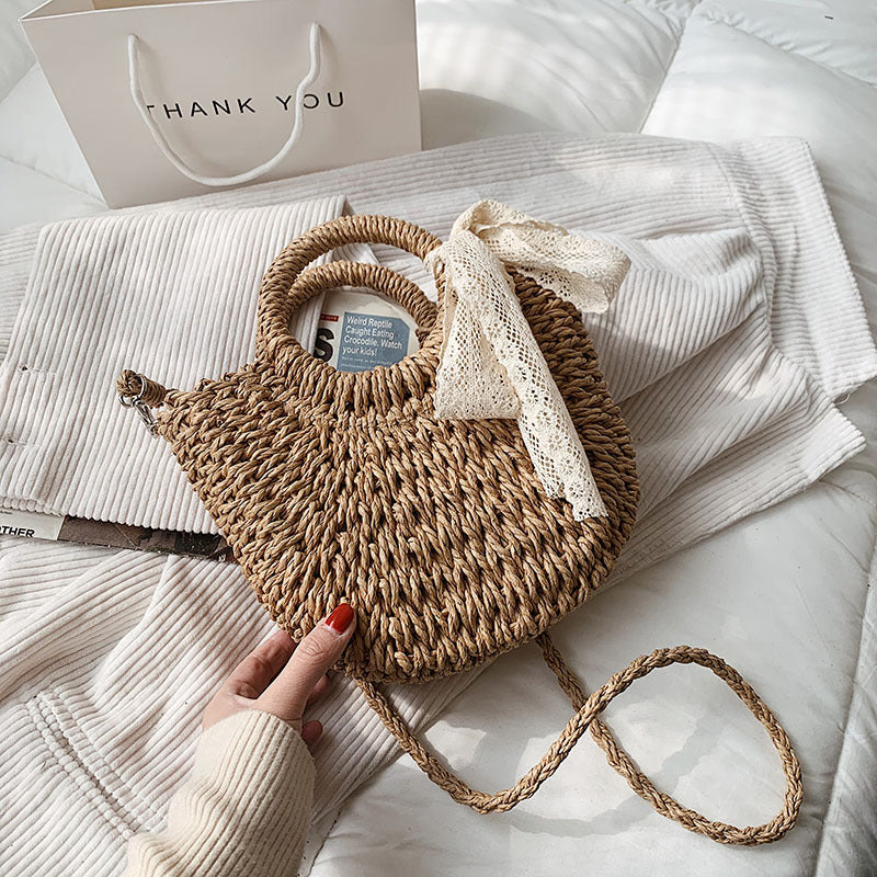 Fashion Ring Handle Straw Bag