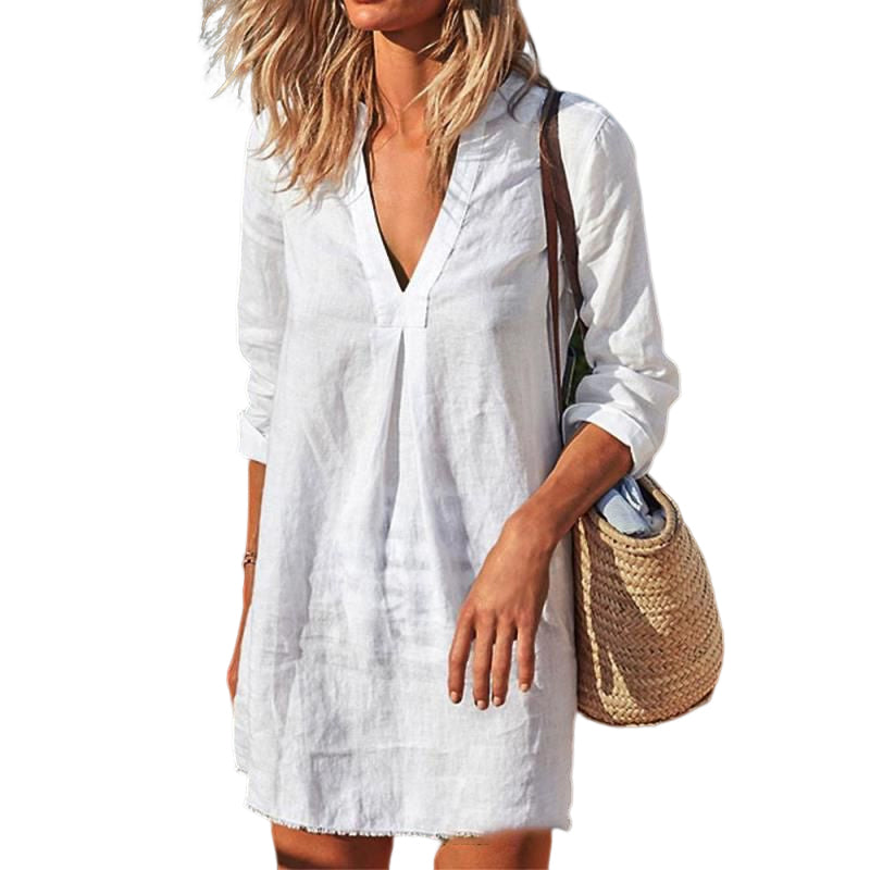 Solid color V-neck Cotton and Linen Dress