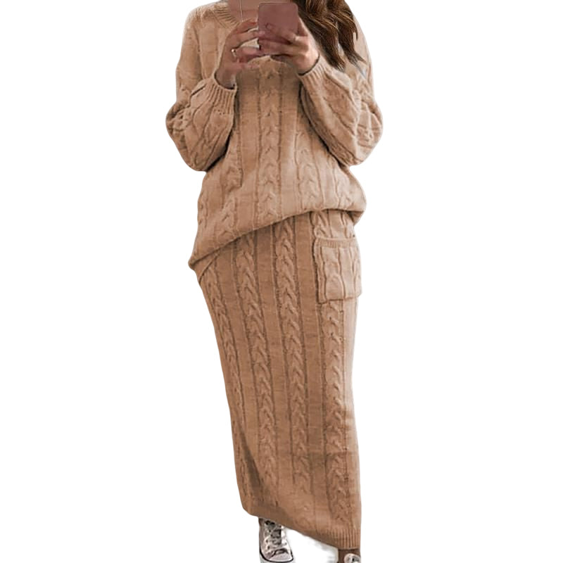 Cable Knit Patched Pocket Skirt Set