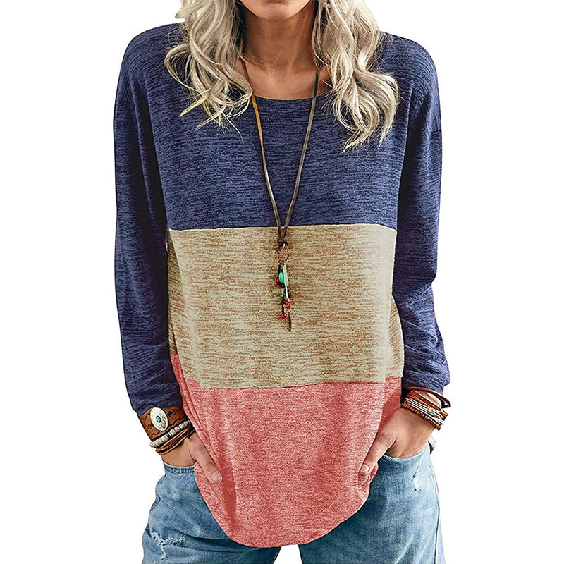 Round Neck Pullover Contrast Long Sleeve T-Shirt