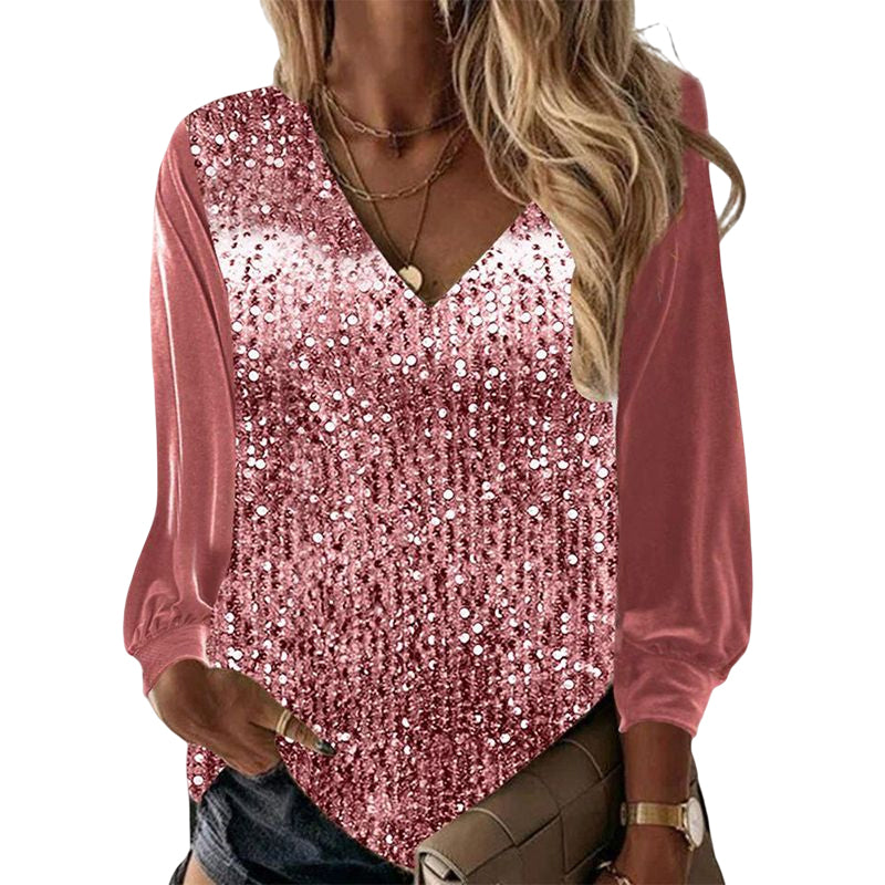 V Neck Sequined Long Sleeve Shirt