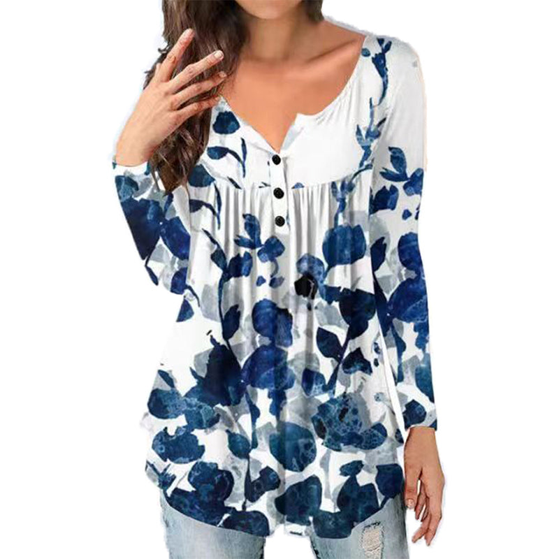 Printed Button Loose Long Sleeve T-Shirt