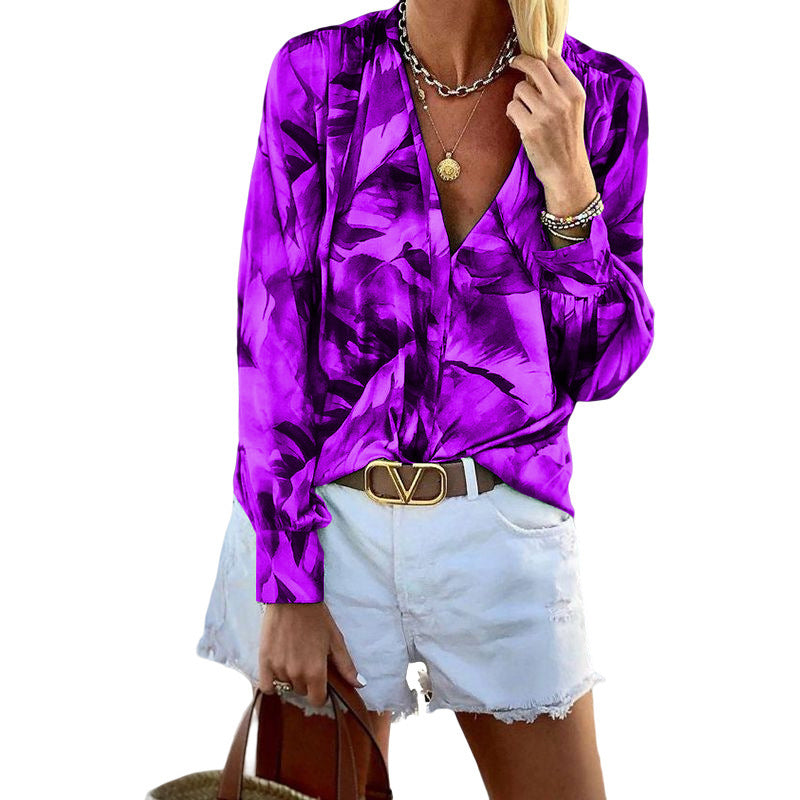 Printed V-Neck Long Sleeve T-Shirt