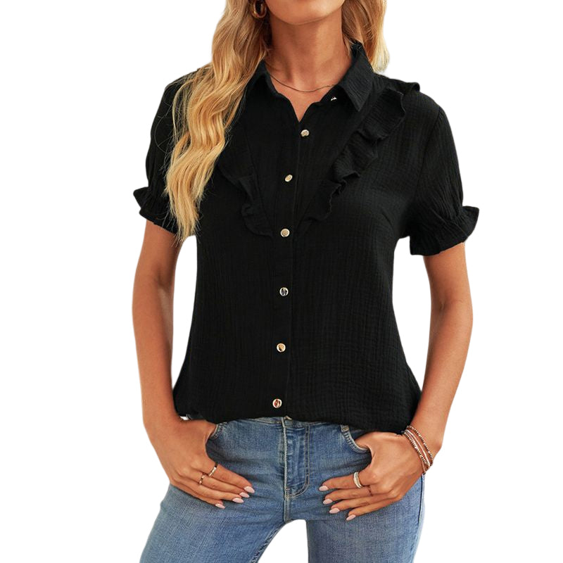 Ruffled Single-breasted Lapel Collar Shirt