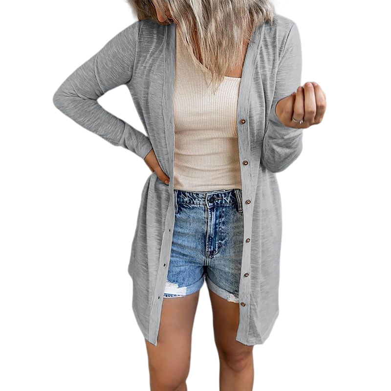 Button Solid Long Sleeve Cardigan