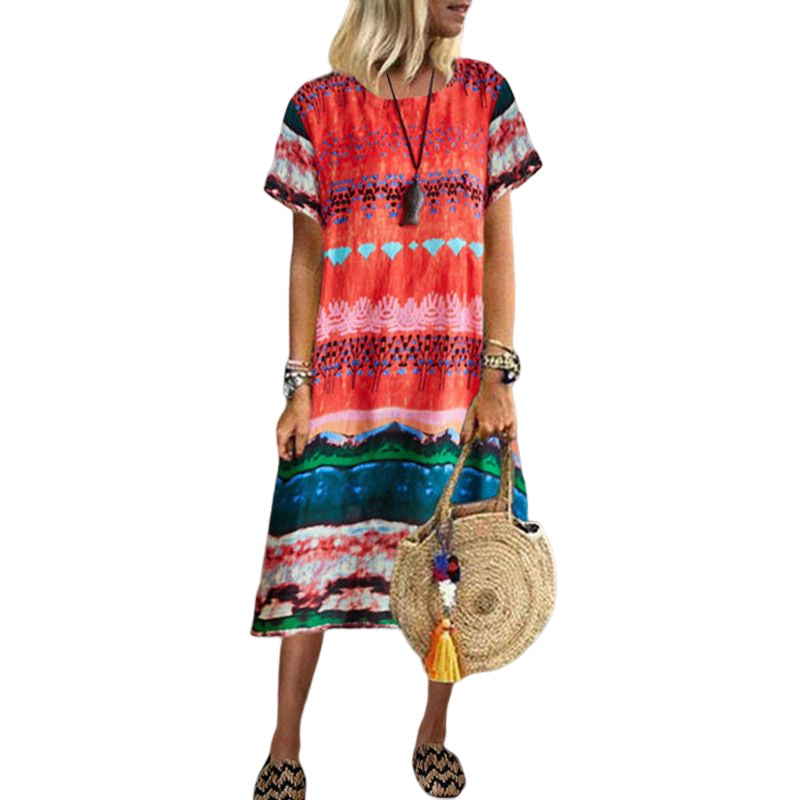 Vintage Ethnic Print Round Neck Dress