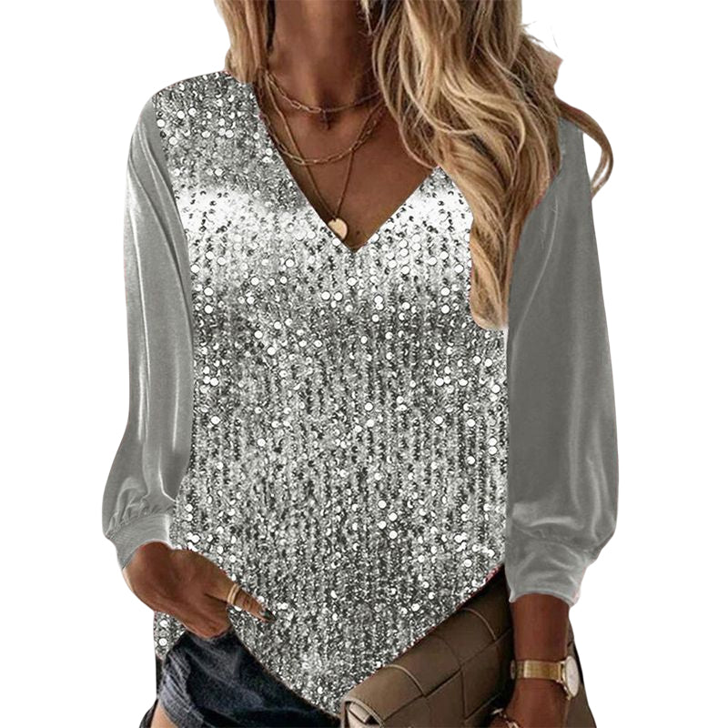 V Neck Sequined Long Sleeve Shirt