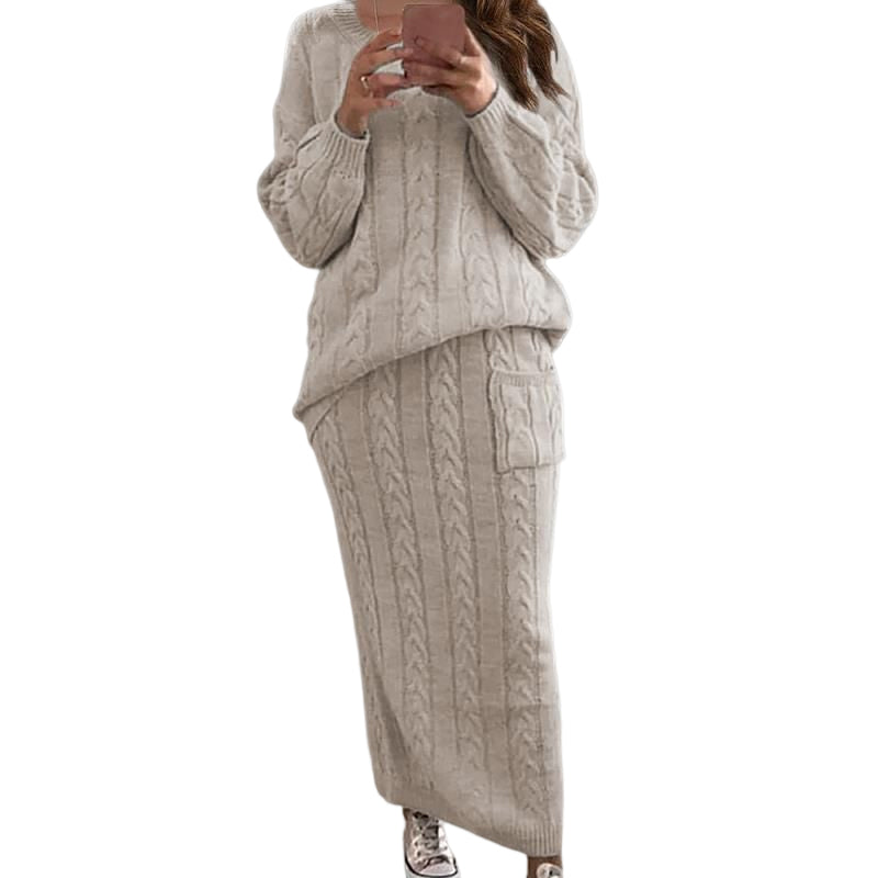 Cable Knit Patched Pocket Skirt Set