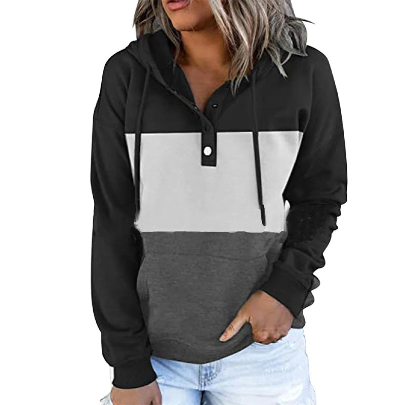 Ladies Colorblock Fleece V-Neck Hooded Drawstring Pullover Sweatshirt