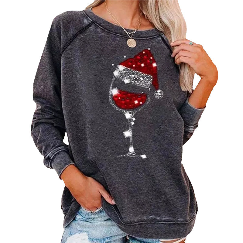 Christmas Wine Glass Print Sweatshirt