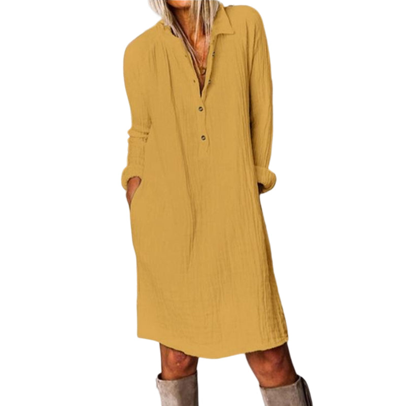 Solid Color Lapel Long Sleeve Dress