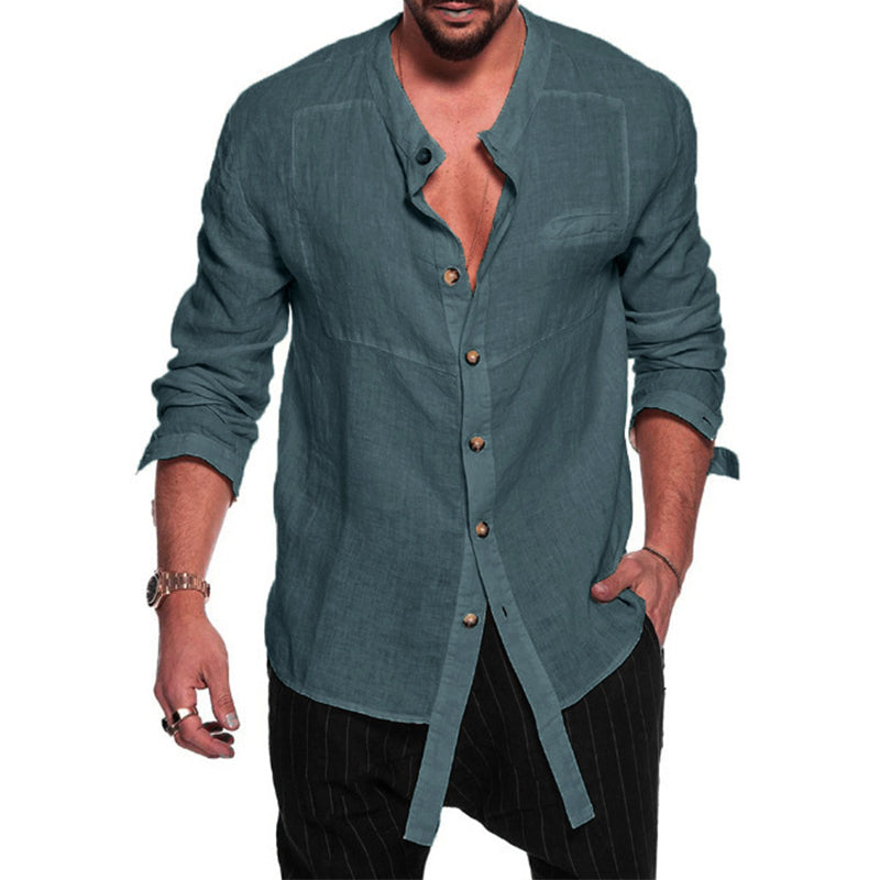 Stand Collar Linen Long Sleeve Shirt