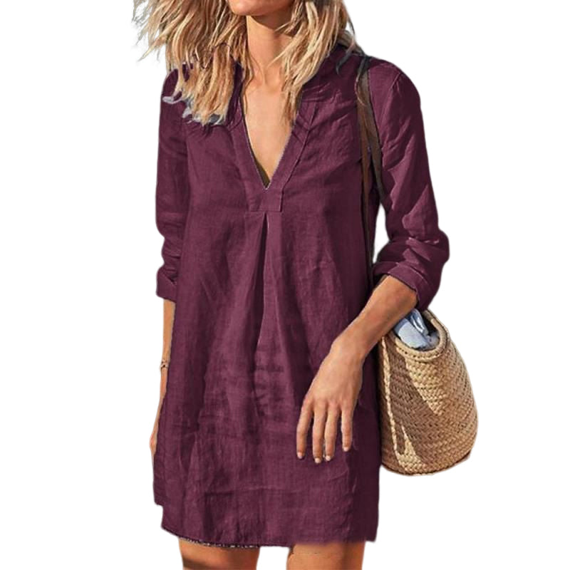 Solid color V-neck Cotton and Linen Dress