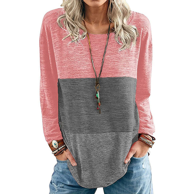 Round Neck Pullover Contrast Long Sleeve T-Shirt