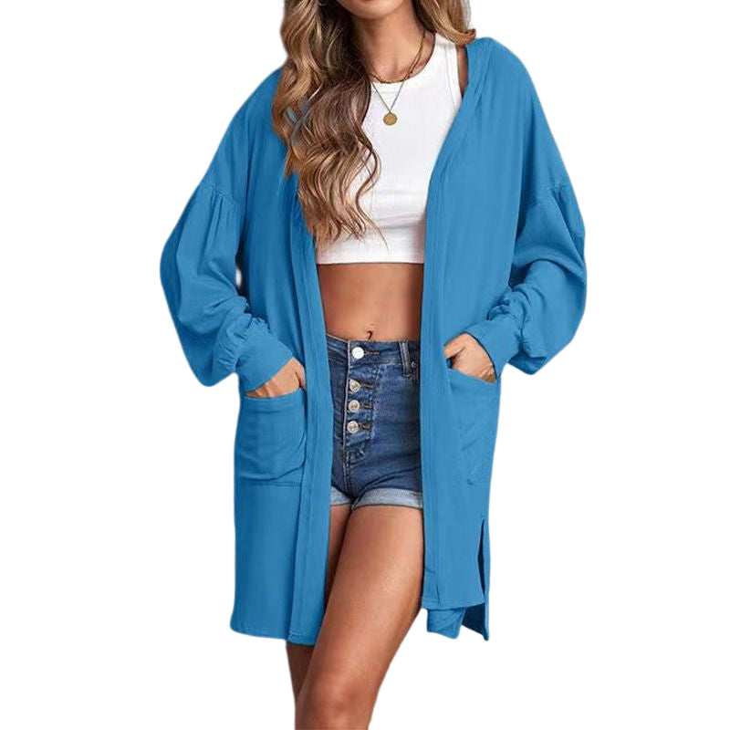 Long Pocket Hoodie Solid Color Long Sleeve Cardigan