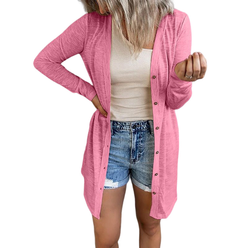 Button Solid Long Sleeve Cardigan