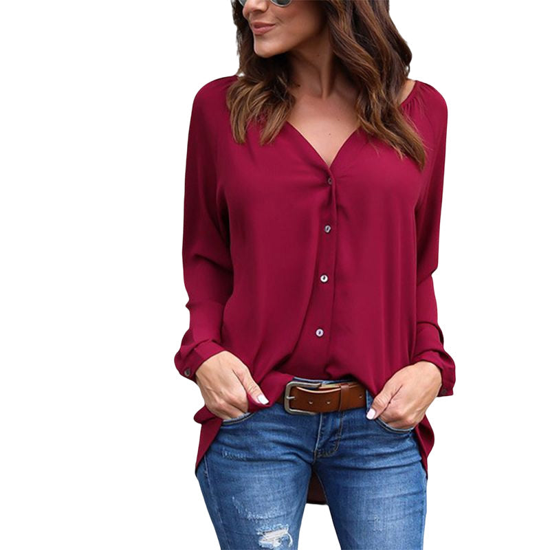 V Neck Button Long Sleeve Loose Chiffon Shirt