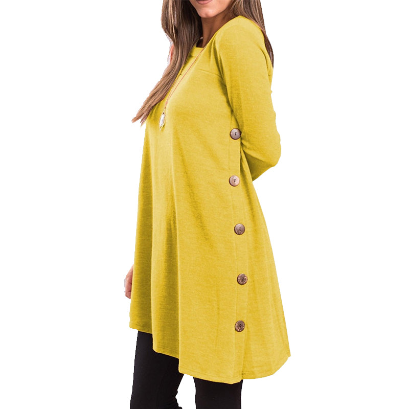 Women's Long Sleeve Scoop Neck Button Side Sweater Tunic Dress