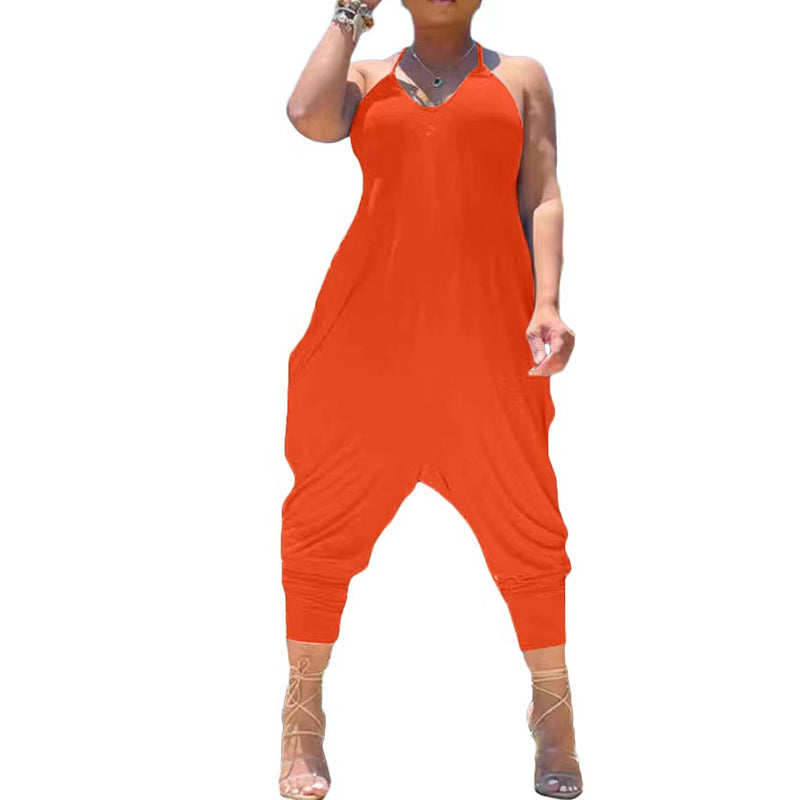 Women's Fashionable Casual Solid Color Suspender Jumpsuit