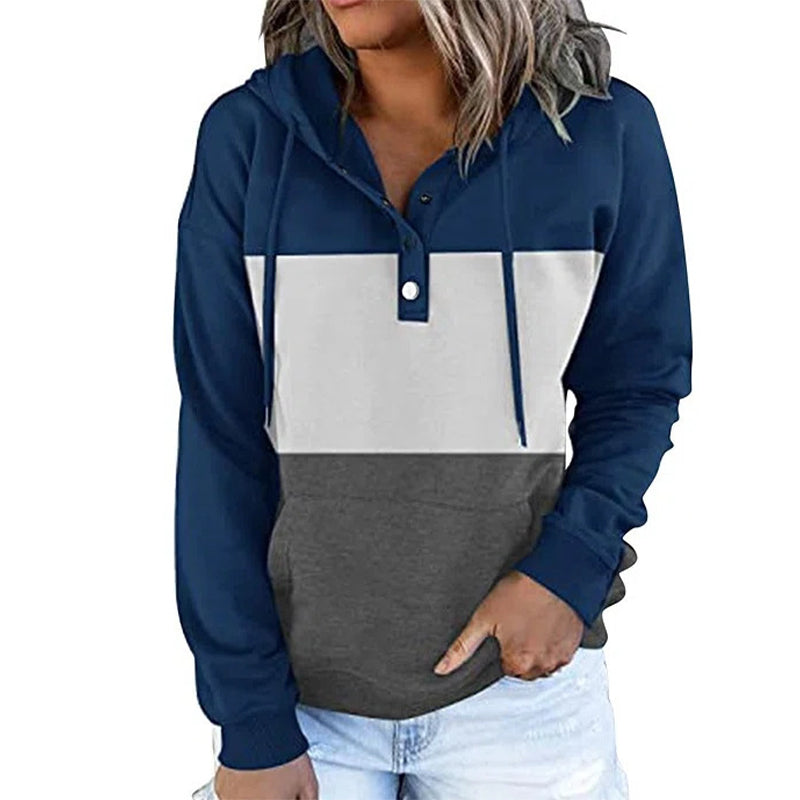 Ladies Colorblock Fleece V-Neck Hooded Drawstring Pullover Sweatshirt