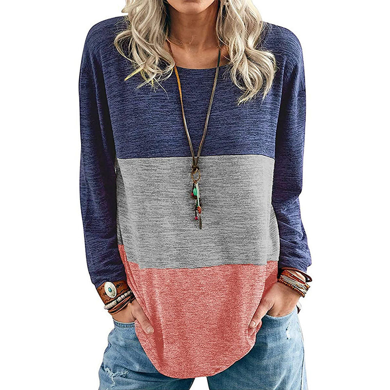 Round Neck Pullover Contrast Long Sleeve T-Shirt