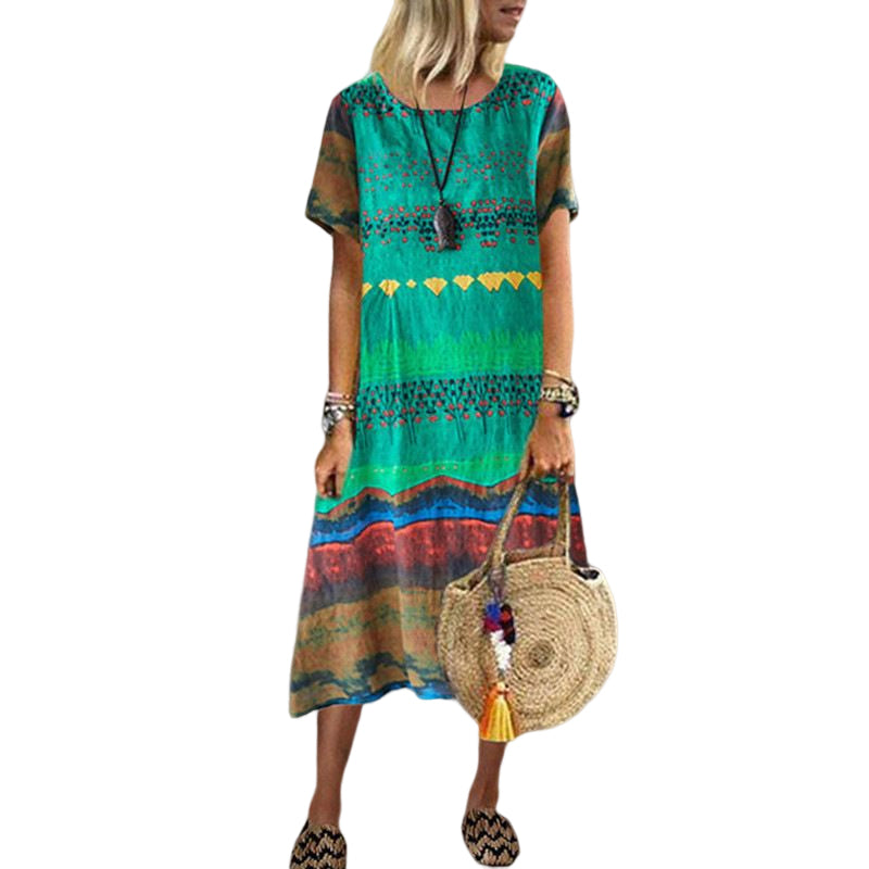 Vintage Ethnic Print Round Neck Dress