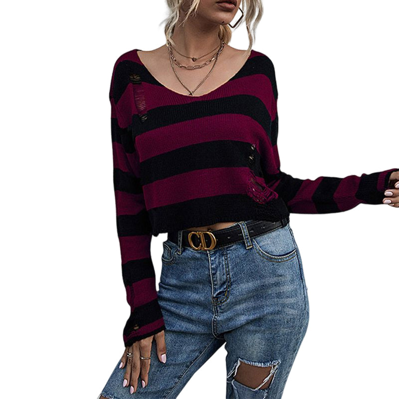 Striped V-neck Knitted Sweater