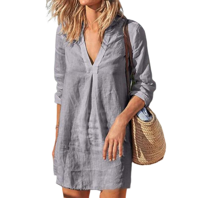 Solid color V-neck Cotton and Linen Dress