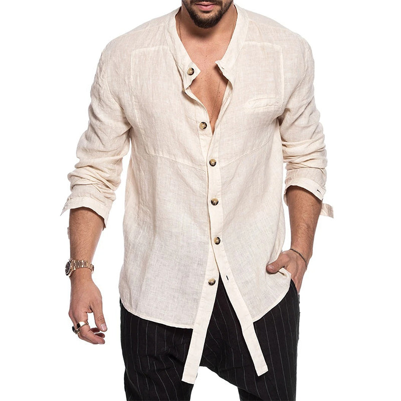 Stand Collar Linen Long Sleeve Shirt
