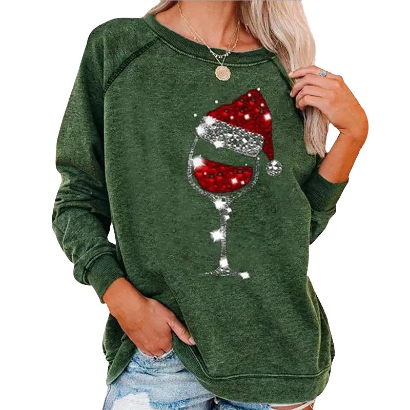Christmas Wine Glass Print Sweatshirt