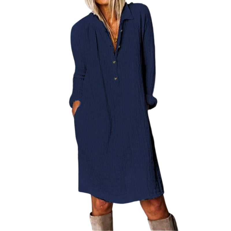 Solid Color Lapel Long Sleeve Dress