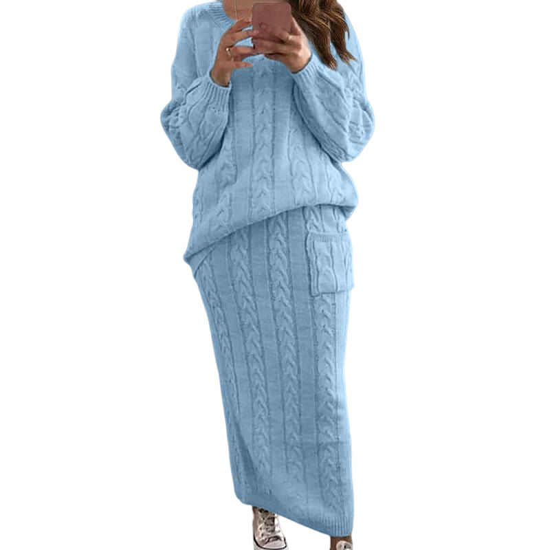 Cable Knit Patched Pocket Skirt Set