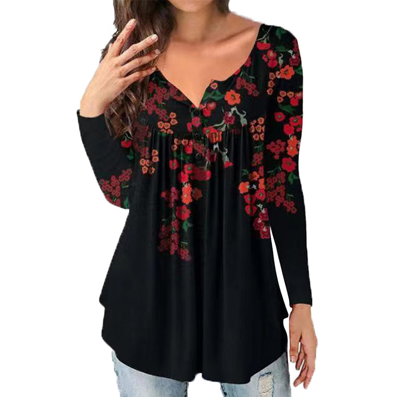 Printed Button Loose Long Sleeve T-Shirt